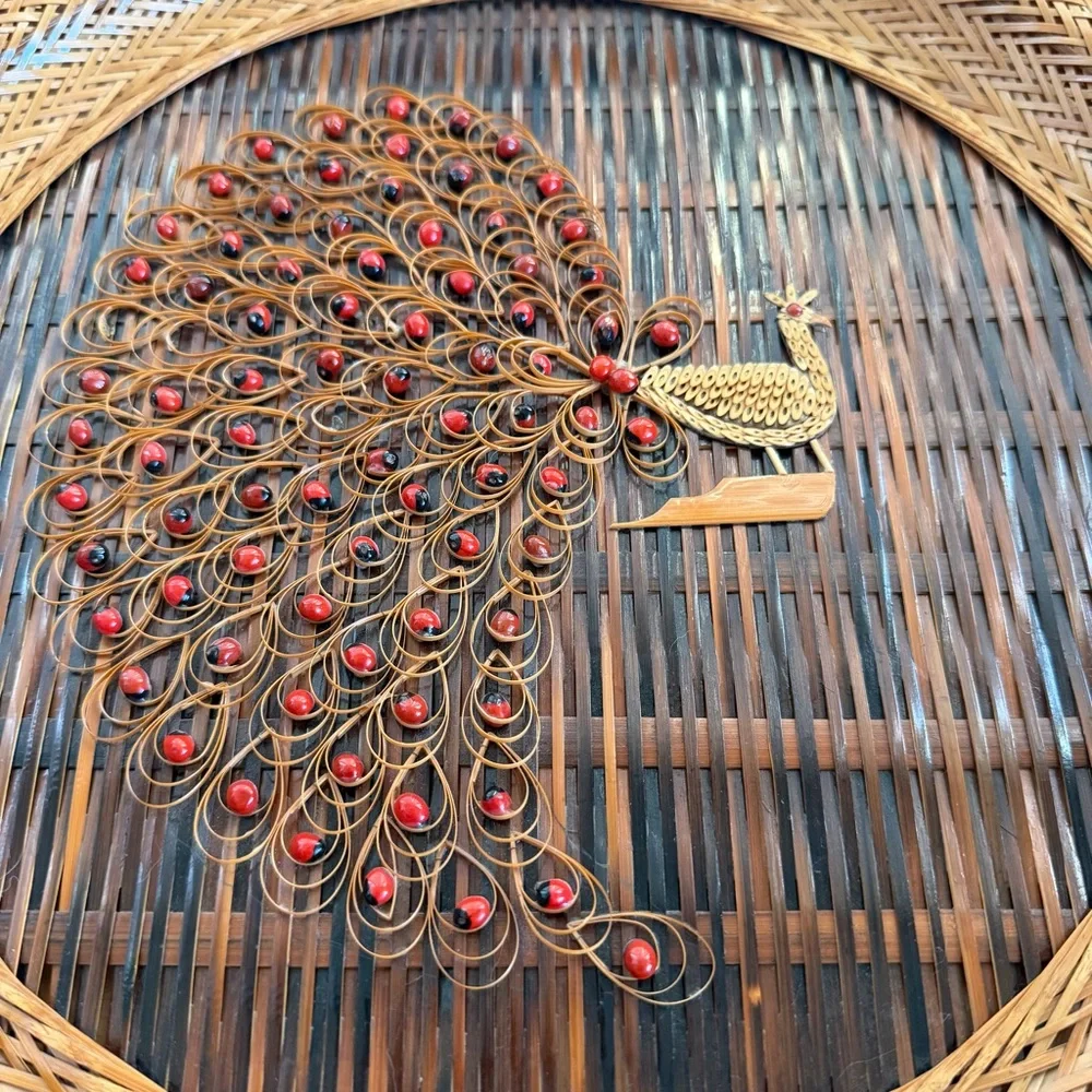 Vintage 70s Wicker Peacock Wall Hanging 14" - Boho Rattan & Cane Folk Art - Picture 2 of 9